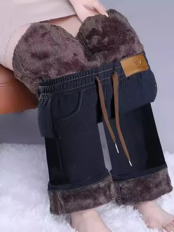 Thickened Fleece Winter Retro Style Women's Casual Pants High Waist Elastic Waist Denim Look Wide Leg Straight Cut Trousers