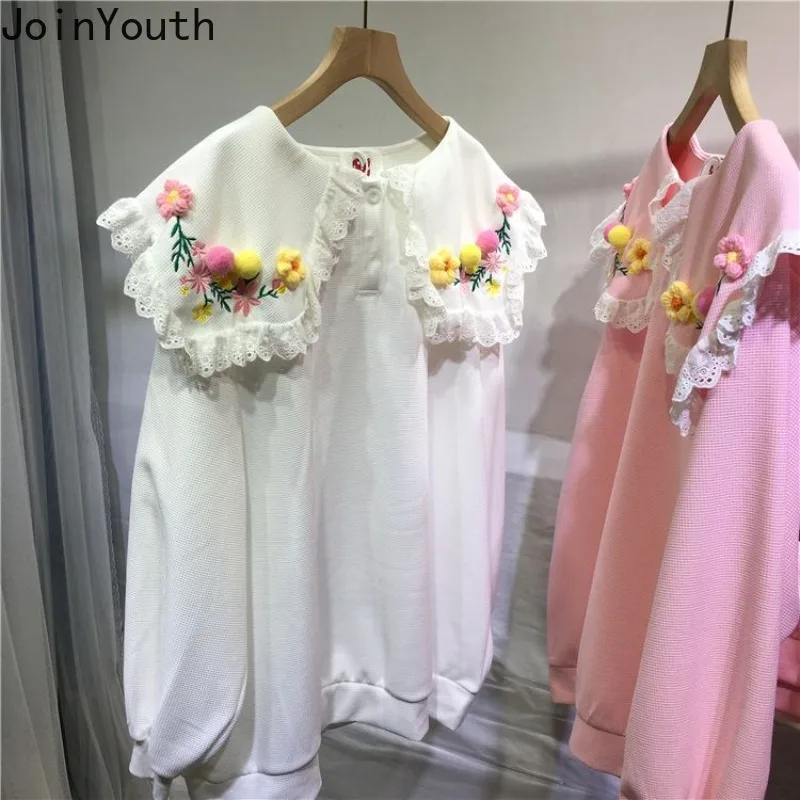 

Oversized Tops Korean Sweet Blouses for Women Peter Pan Collar Long Sleeve Embroidery Floral White Shirts 2024 Camisas De Mujer