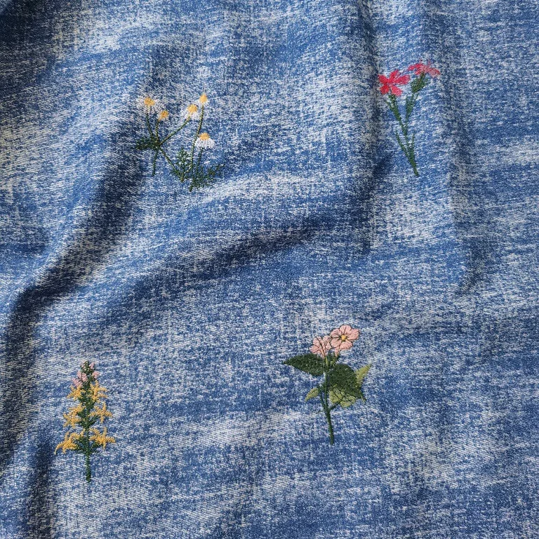 

100%cotton colorful embroidered floral denim fabric for women's children's clothing home decor accessories fashion design fabric