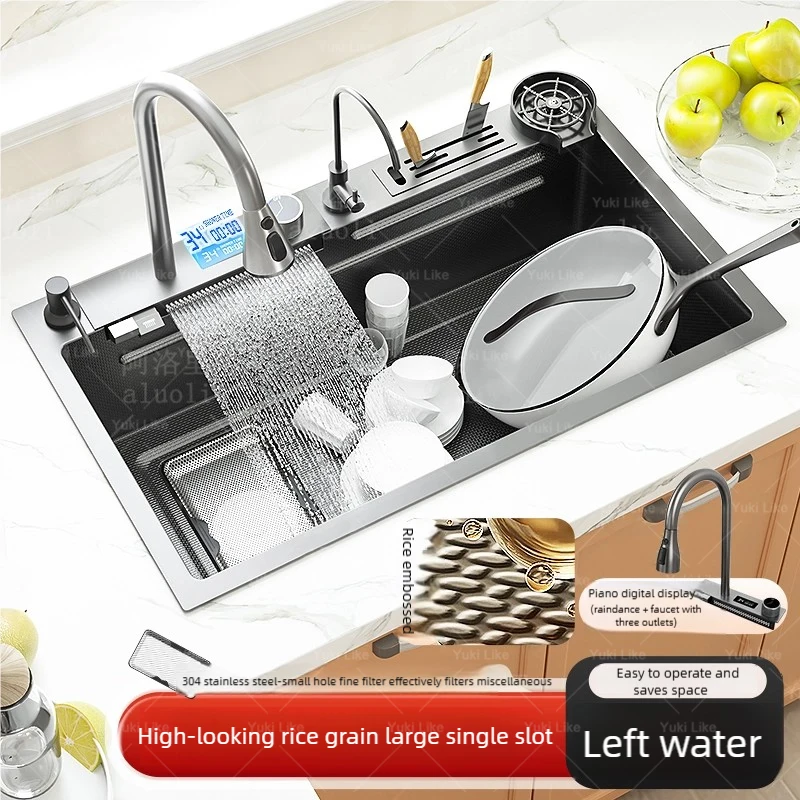 

Stainless Steel Kitchen Sink Large Single Slot Multifunctional With Knife Holder Digital Display Wash Dish and Vegetables Basin