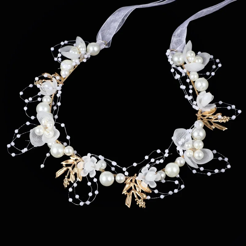 Floral Crown Pearls Headband with Faux Pearls Princess Girls Fairy-like Golden Leaf Hairband Ribbon Pearl Headdress Hair Accesso