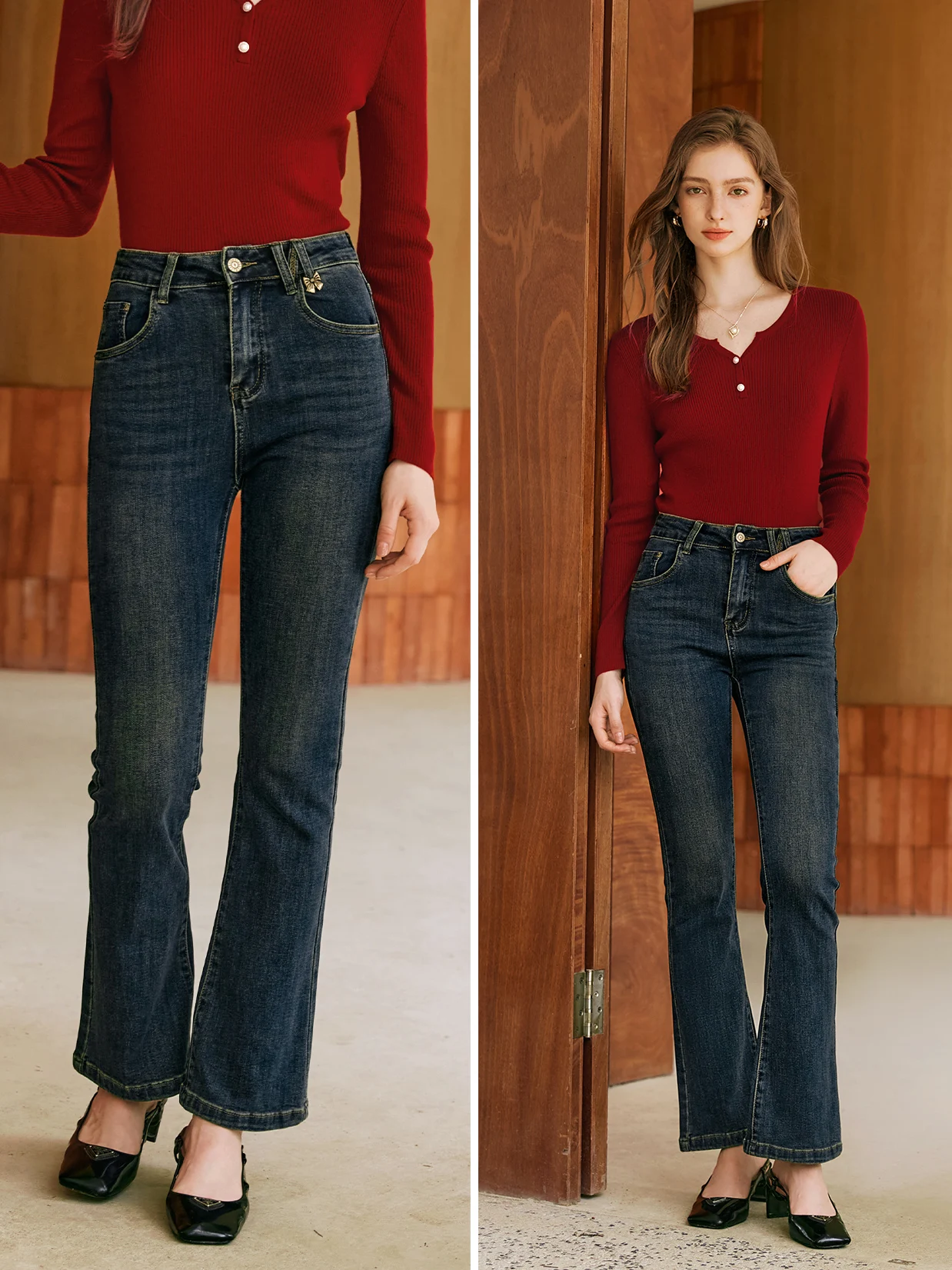 OLrain Office Lady Flare Jeans Women 2025 Spring Summer Slim Fit Retro Elegant High-waist Solid Streetwear Trousers N56QA93383