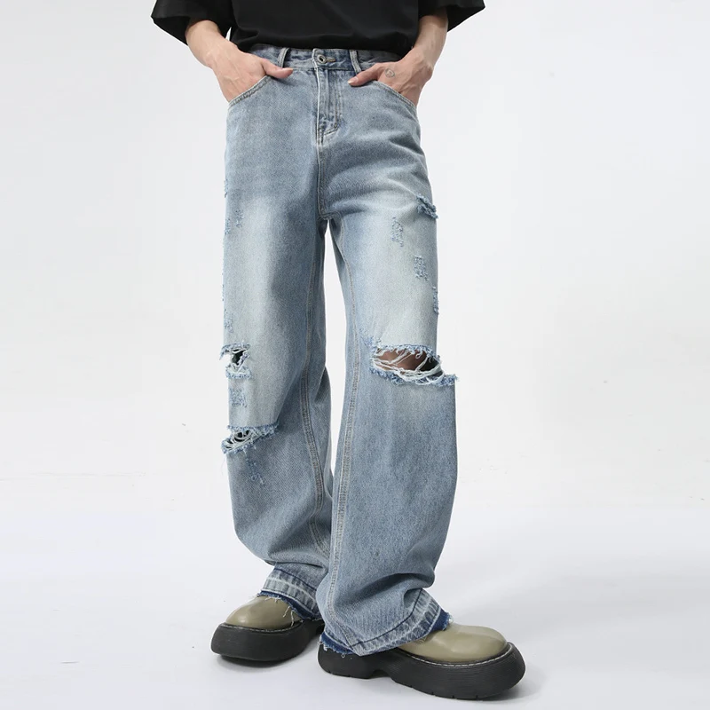 IEFB Trendy Men's Straight Jeans Worn-out Hole Design Autumn New Streetwear American Style Wide Leg Denim Pants Spring 9C5979