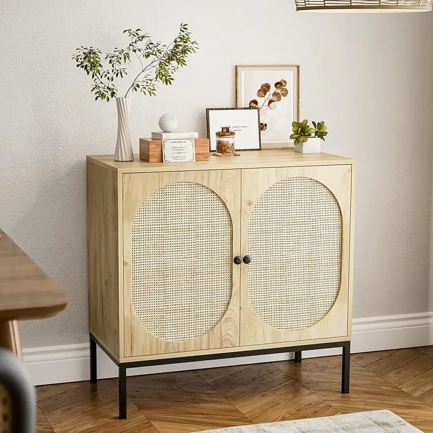

Storage Cabinet with Handmade Natural Rattan Doors - Rattan Sideboard Buffet Cabinet - Kitchen Cupboard Server Console Table