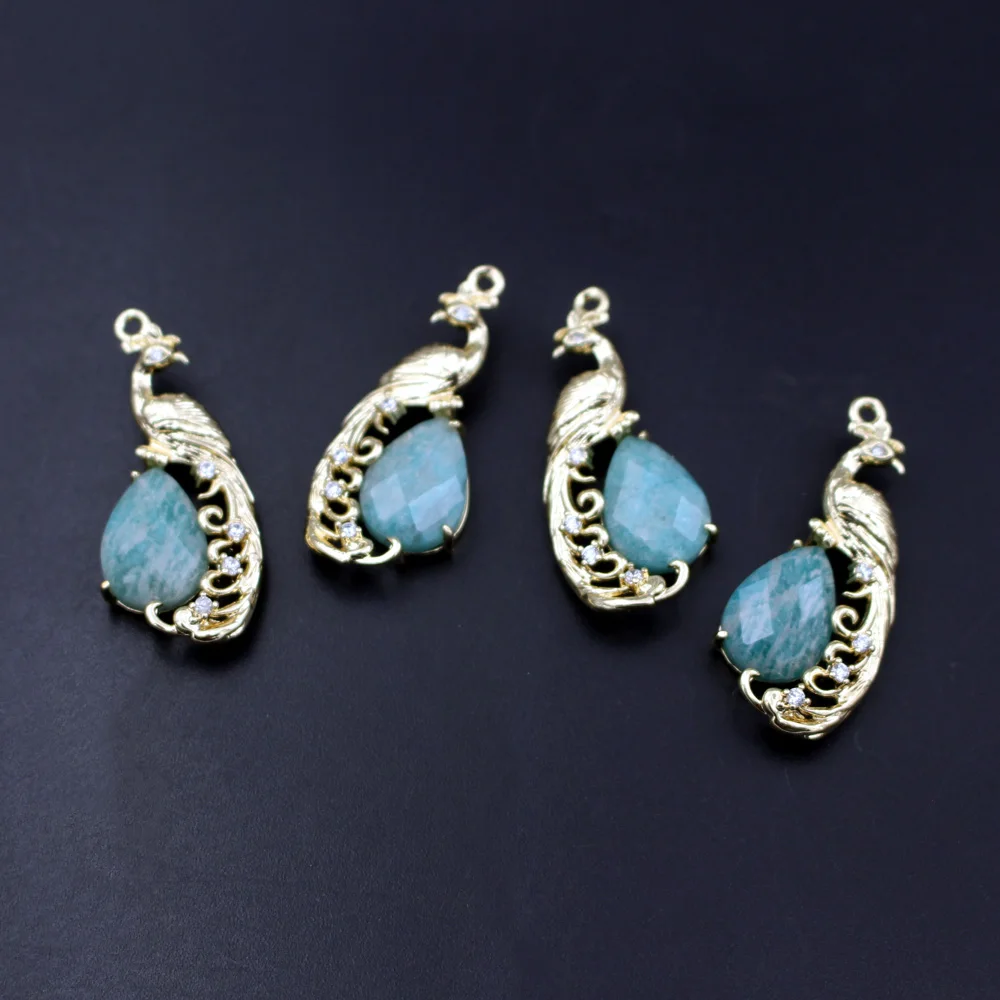 4pcs DIY Jewelry Accessories CZ Faceted Drops Natural Amazonite Lapis Yellow Jade Stone Peacock Shape Pendant for Earrings