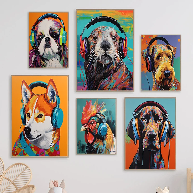 Dogs with Headphones Animals Posters Printing Canvas Painting Wall Art picture Living Room Bedroom Nursery Game Room Home Decor