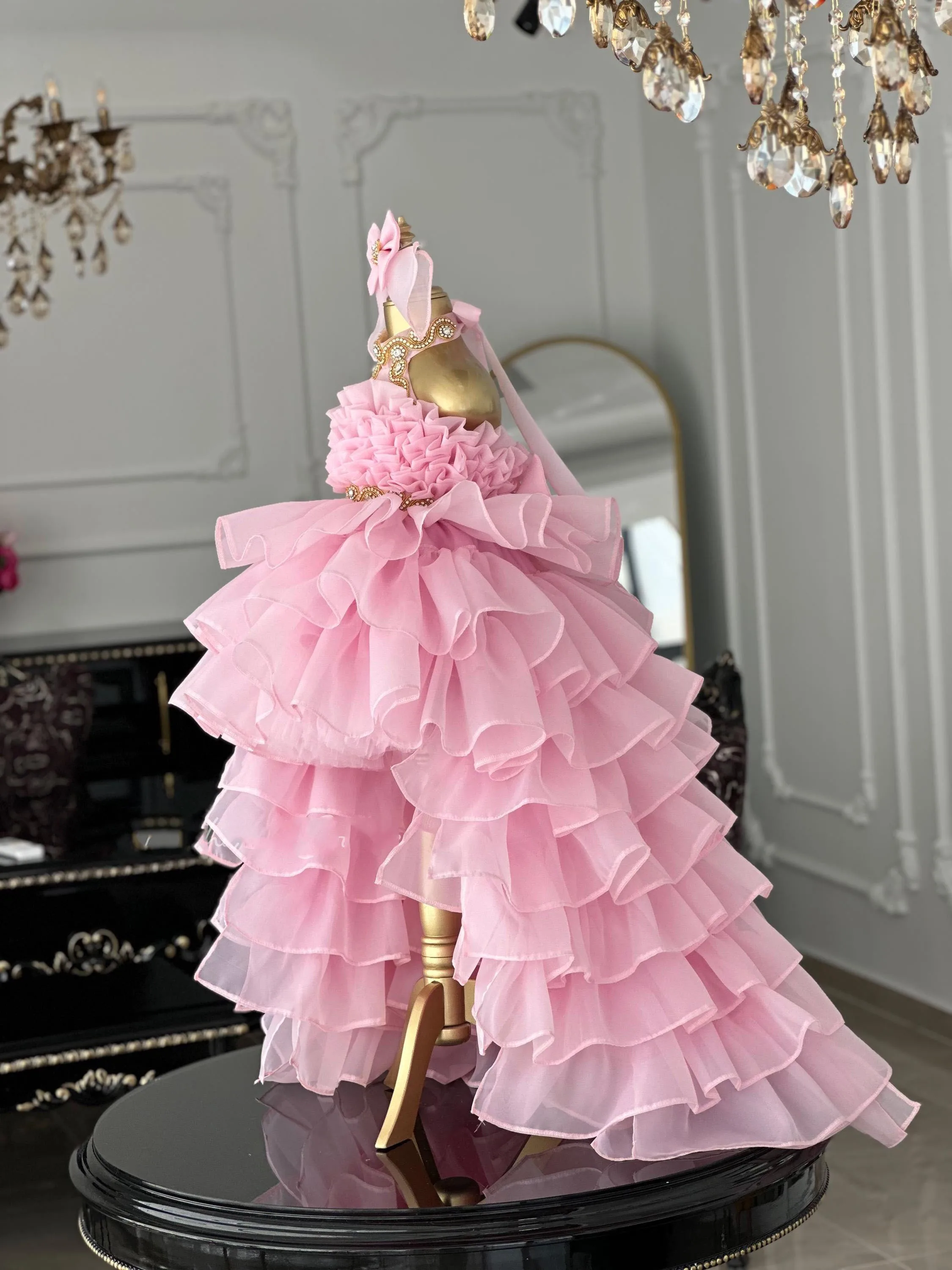 Weißer Tüll mit Perlen verziert, Rüschen und Schleife, Prinzessin-Blumenmädchenkleid für Hochzeit, Kindergeburtstag, Erstkommunion, Ballkleid, individuell