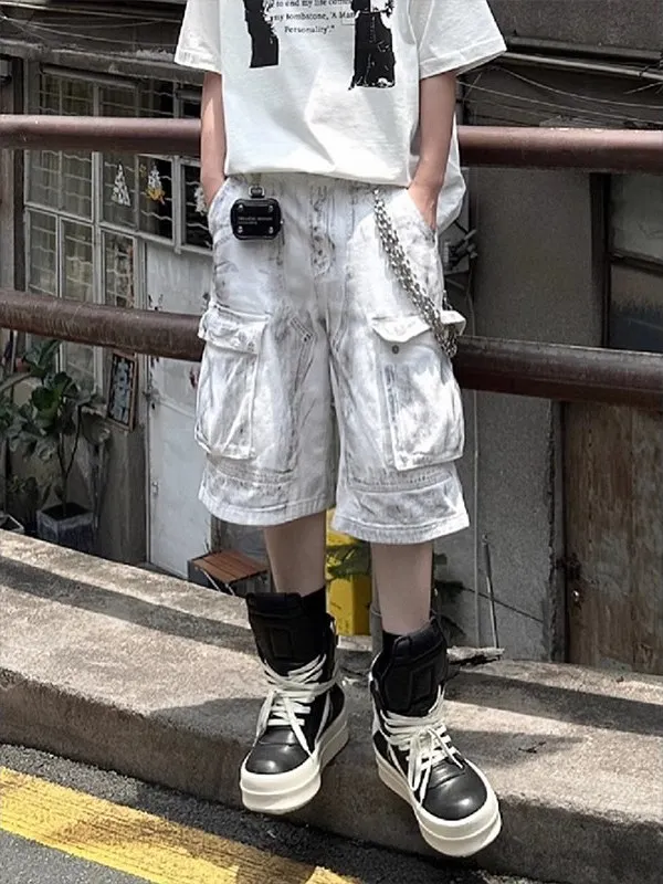 Summer Washed Men's Street Style Workwear Shorts Wide Leg Distressed Design Large Pocket Seven-Foot Casual Trousers