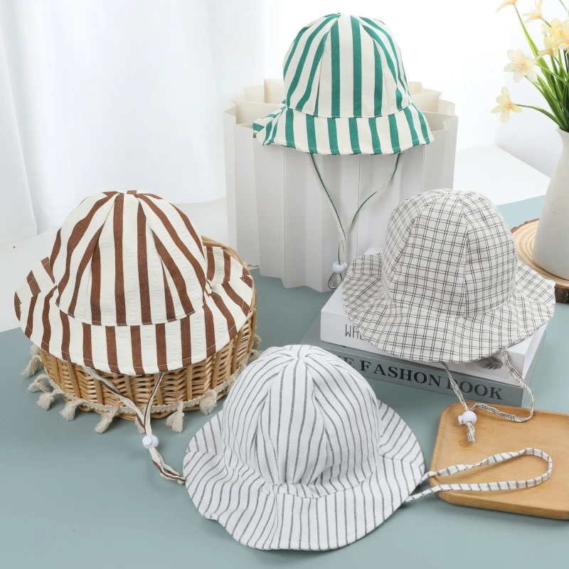 

Осенняя новая рыбацкая кепка в полоску со шнуровкой для мальчиков и девочек, однотонная летняя солнцезащитная шляпа для младенцев, хлопковые шапки для младенцев, детские ветрозащитные шапки для бассейна