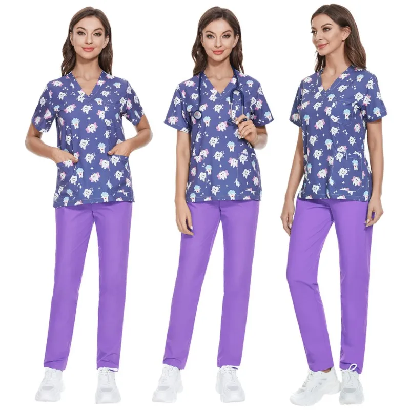 Teeth Printed Scrub sets Womens Tops+Pants Medical Nursing Uniform Hospital Dental Clinic Beauty Salon Workwear Nurse outfits