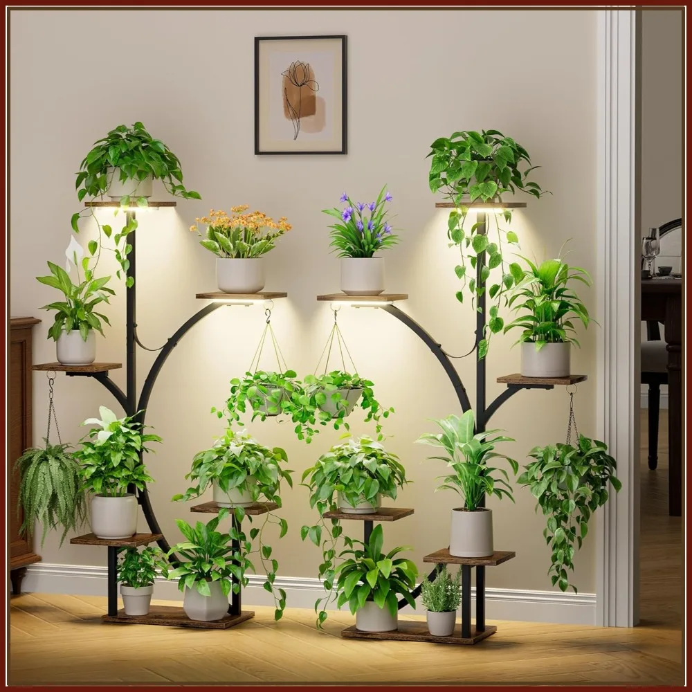 

6-Tier Corner Plant Stand with Grow Lights, 47" Tall K-Shaped Shelf for Multiple Plants, 2 Pack