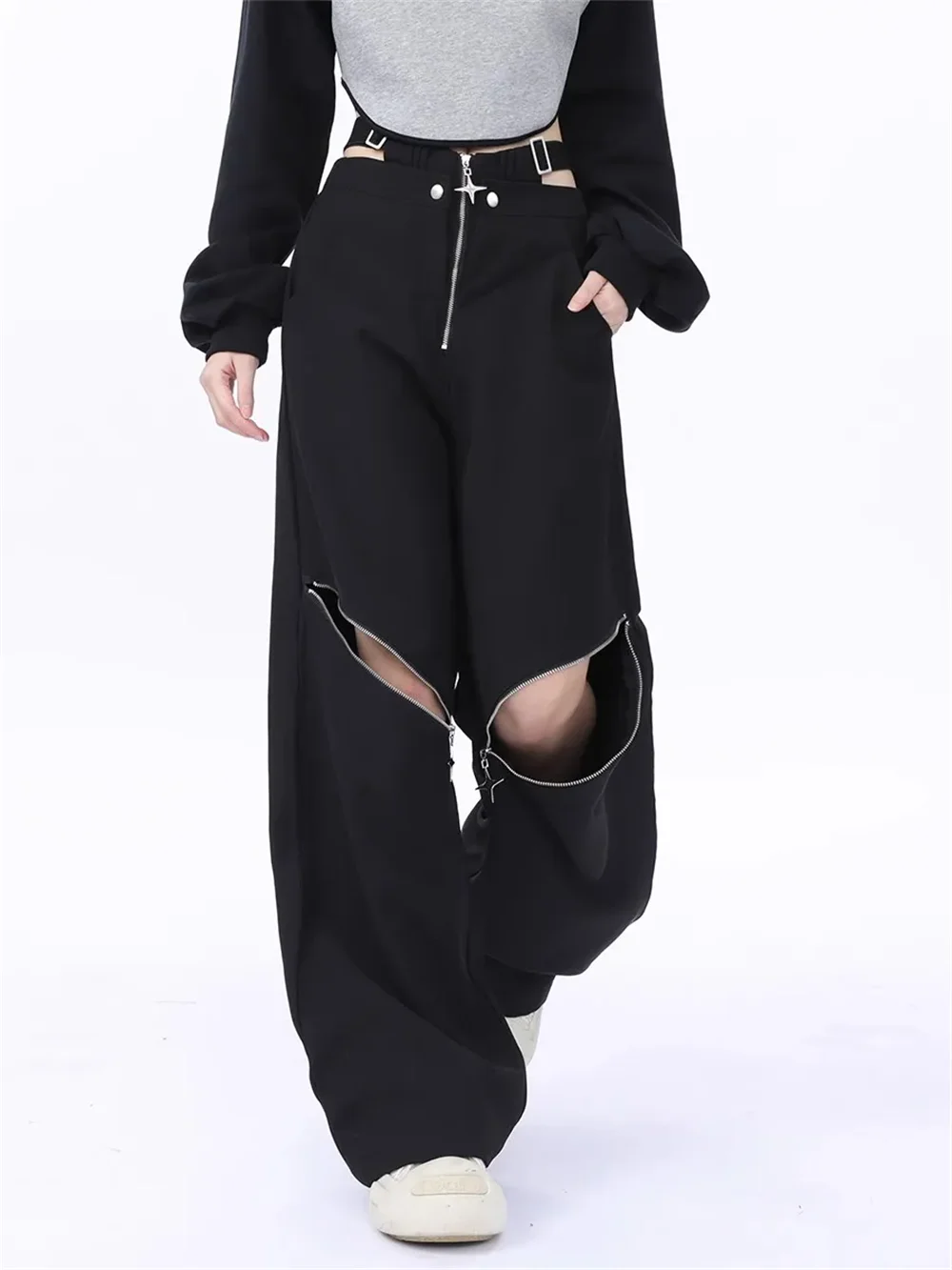 Y2k Summer Black Cargo Pants Women Casual Original Retro Multi Zip Pocket Two Wear Design Drawstring Casual Oversized Trousers