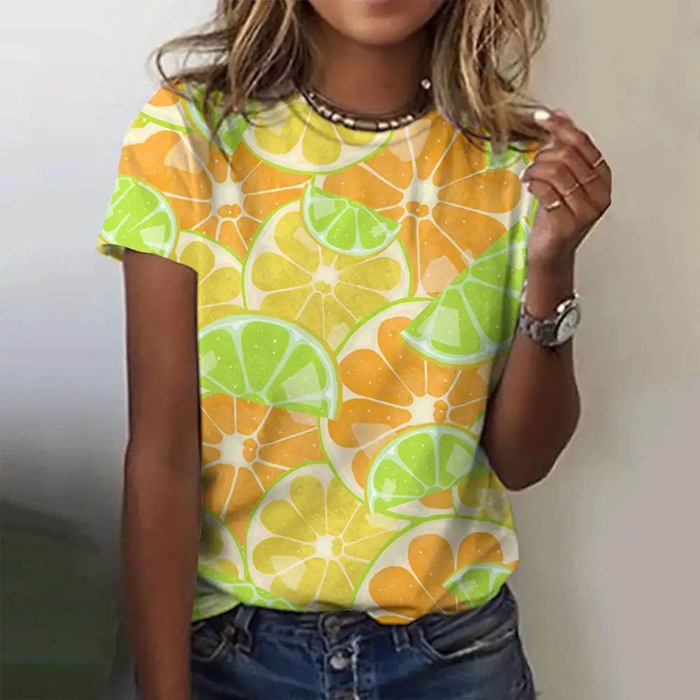 

Fruit Printing Women's Oversize T-Shirts Top Casual Short Pullover Sleeved O-Neck Tee Shirt Polyester Female New Clothing Summer