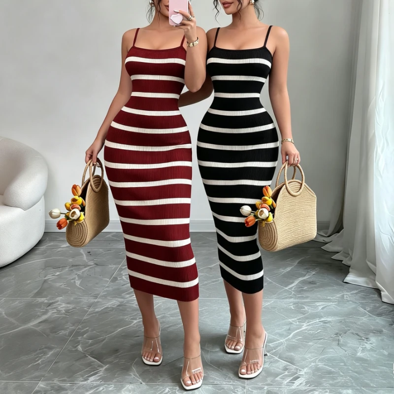 

Women's Burgundy White Striped Spaghetti Strap Ribbed Knit Stretchy Bodycon Maxi Dress Casual Summer Beach Vacation Outfit Dress
