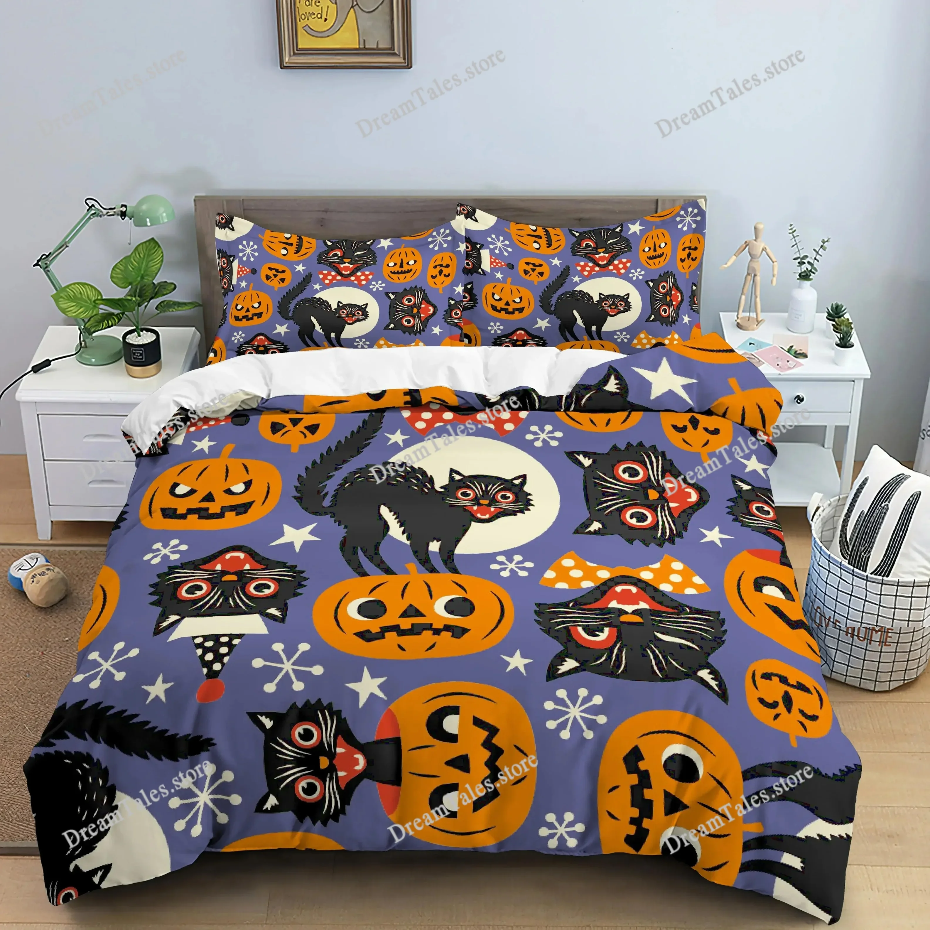 Happy Halloween King Queen Duvet Cover Orange Pumpkin Bedding Set Kids Teens Adults Bats Horror Festival Polyester Quilt Cover74