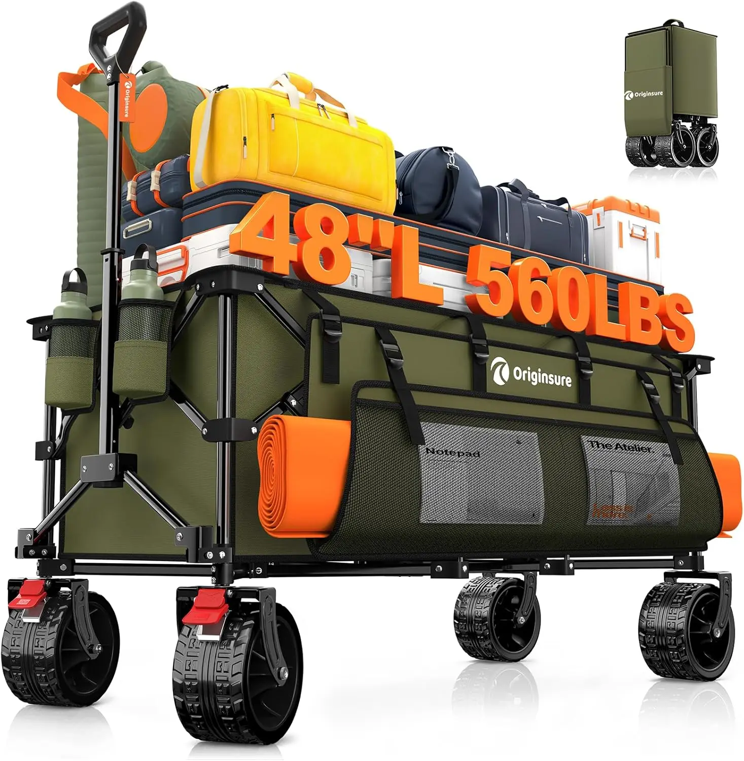 

Складная тележка-вагон 48 дюймов с грузоподъемностью 250 кг, вседорожные колеса для пляжа, кемпинга, шопинга - зеленая