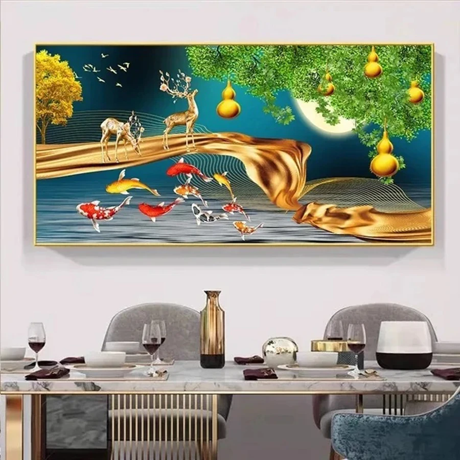 5D DIY Diamond Painting Fortune Tree Full Large Diamond Embroidery Feng Shui Gold Nine Koi Deer Wall Art Diamond Mosaic Home Art