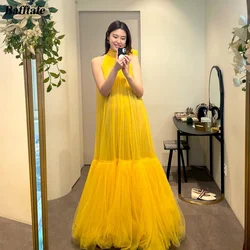 Customized Simple Yellow Gold Tulle Prom Dresses Korea Lady Halter A Line Formal Party Gowns Evening Dress Wedding Photo Shoot