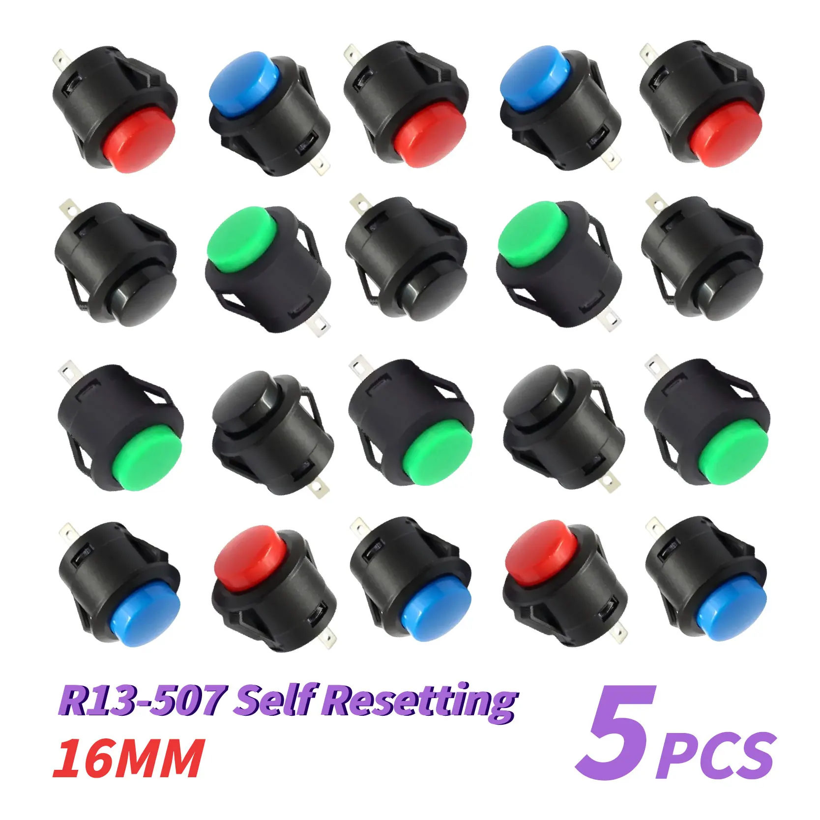 

5/20PCSs 16mm R13-507 Reset Push Button Round Switch 6A 125V/3A 250VAC