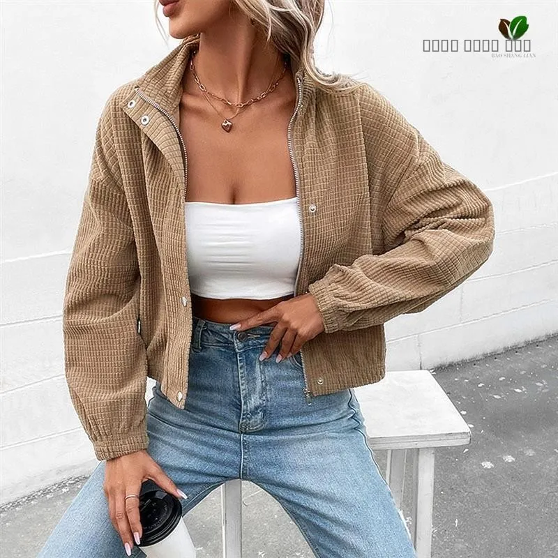 Cappotto autunnale da donna in velluto a coste scozzese ort Jaet con colletto alla coreana, misto poliestere, lungo con chiusura a cerniera