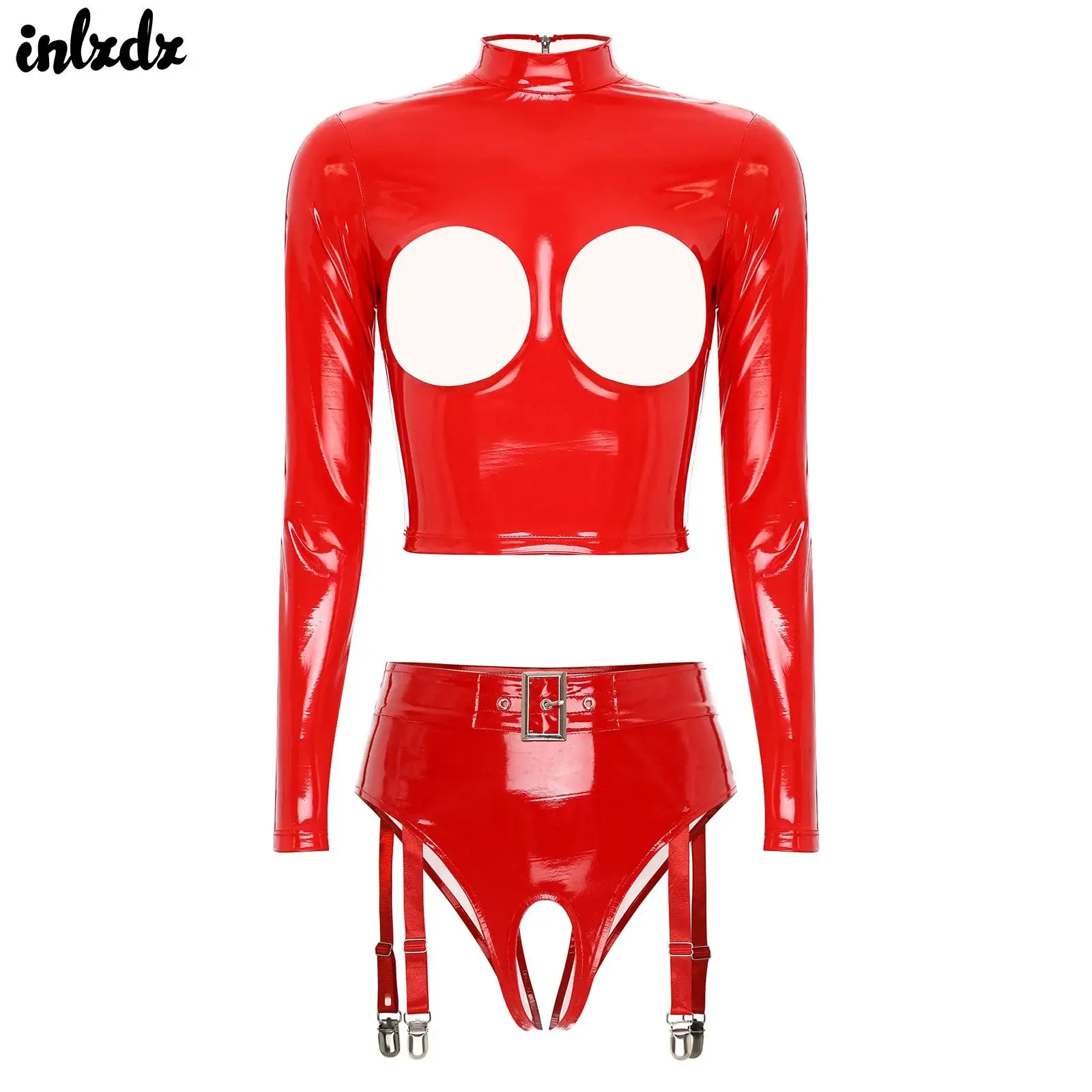 

Женский комплект нижнего белья из лакированной кожи с мокрым эффектом, укороченный топ с длинными рукавами и открытой грудью, стринги с открытой промежностью, нижнее белье