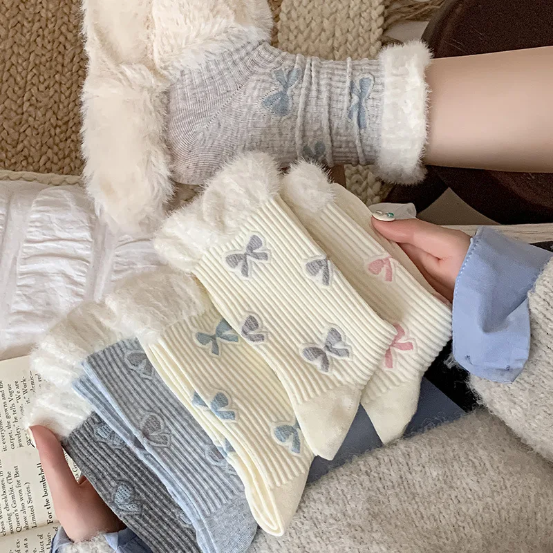 

Autumn Winter New Cute Hairy Edge Bow Women Middle Socks Comfortable Warm Female Socks 6pcs Set