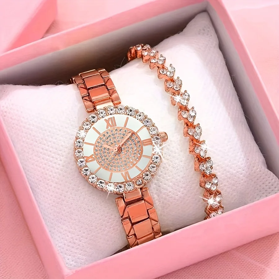 

Luxury Rhinestone Quartz Watch Rome Fashion Analog Party Dress Wristwatch & 1pc Bracelet, Gift For Mom/Her