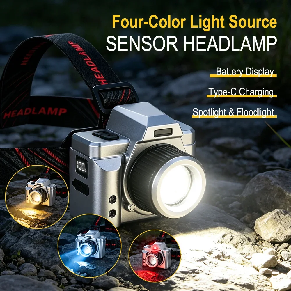 BORUiT S8 500LM Zoomable LED Sensor Headlamp 4 Light Sources 75° Adjustable Headlight Rechargeable Fishing Hiking Repair Light