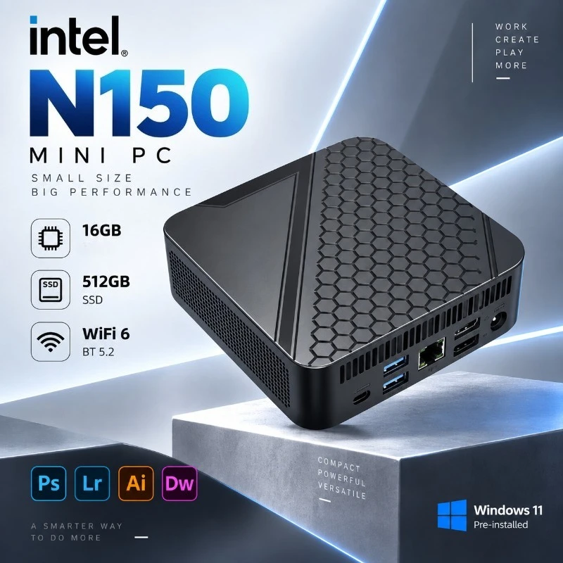 인텔 N150 휴대용 미니 PC, 4코어 4스레드, 3.6GHz, 16GB DDR4, M.2 NVMe SSD 512GB, 트리플 4K, Wi-Fi 6, 블루투스 5.2, 저소음 쿨링, 사무용/가정용/전문가용.