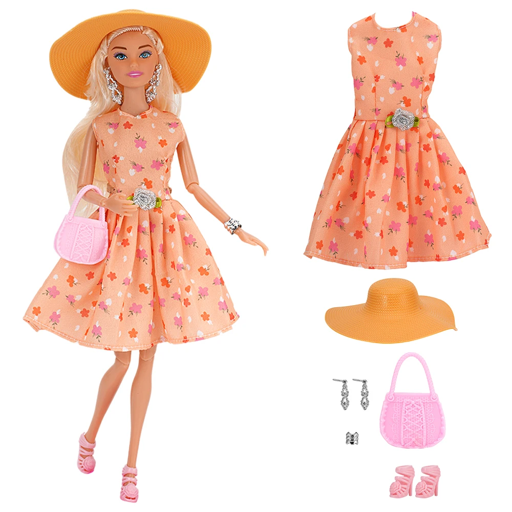 

NK 1 Set 11.5 inch Doll Clothes Miniature Items Orange Dress+5 Pcs Doll Accessories For 1/6 Doll Accessories Gift Children Toy