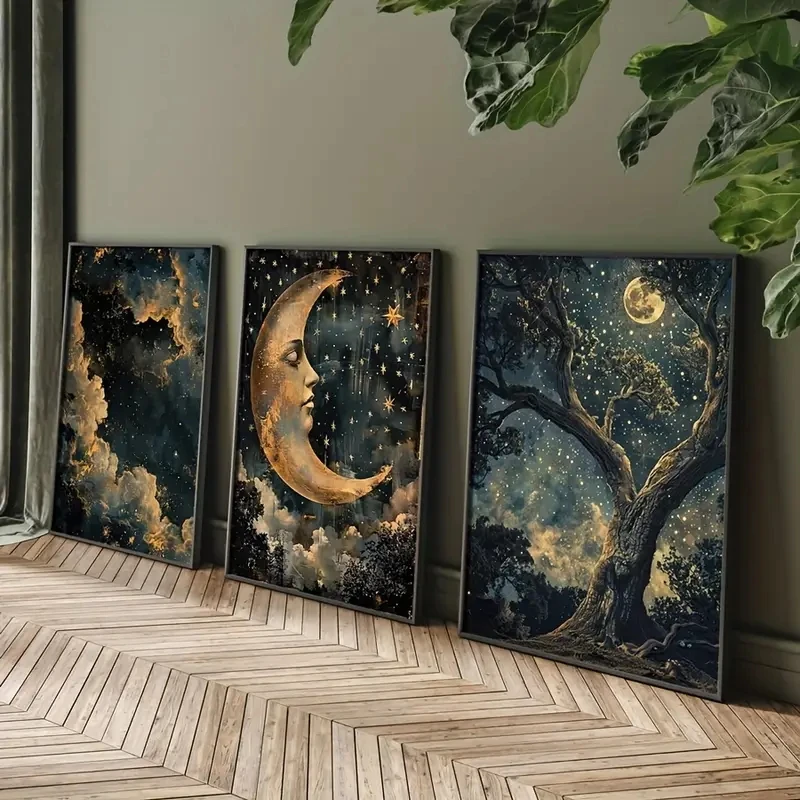 

3pcs/Set Abstract Forest Moon Stars Gothic Art Dark Academy Style Wall Decorations Night Sky Painting Posters Canvas Home Decor