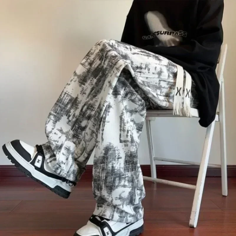 American Dyed Casual Pants Men Spring Summer Loose Drawstring Wide Leg Loose Slim Straight Sport Long Trousers Trendy