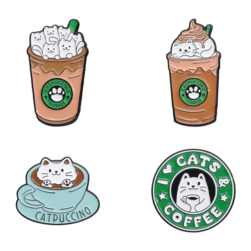 Lapel Pins New Alloy Brooch Cartoon Cat Ice Cream Coffee Shaped Baked Paint Anti Glare Buckle Enamel Pin Brooches on Clothes