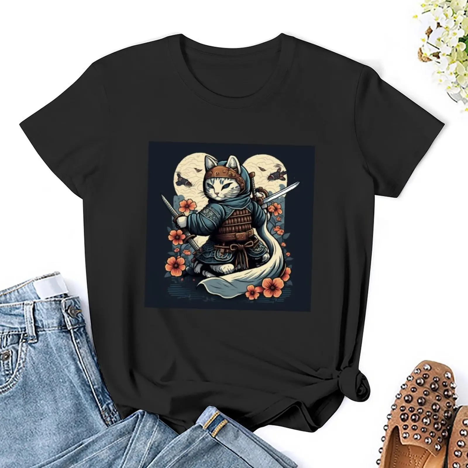 Catzilla-Camiseta de arte Retro japonés para mujer, ropa de verano, Gato Samurai