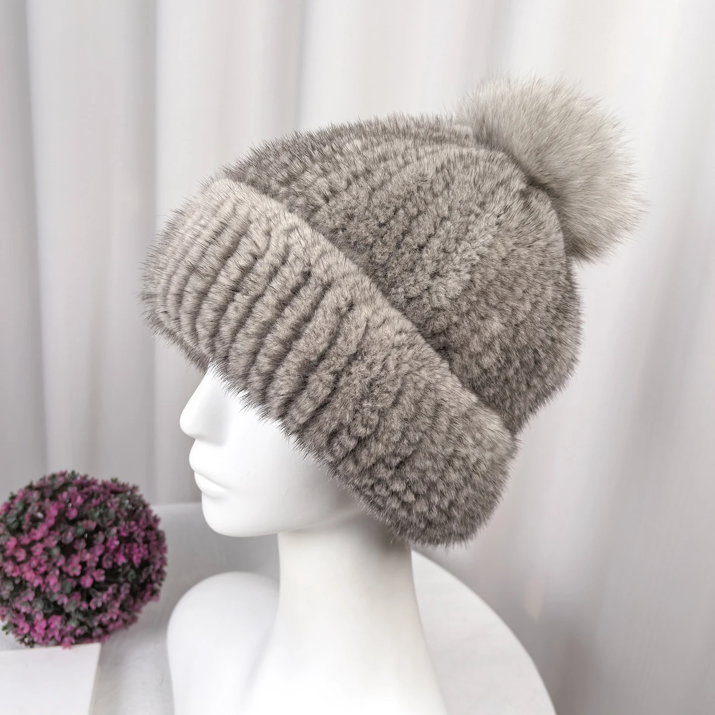 

Besfilin Real Mink Fur Women's Ear-Protector Hat Autumn Winter Warm with Fox Fur Ball Hand-Knitted Stylish Fashionable Headwear