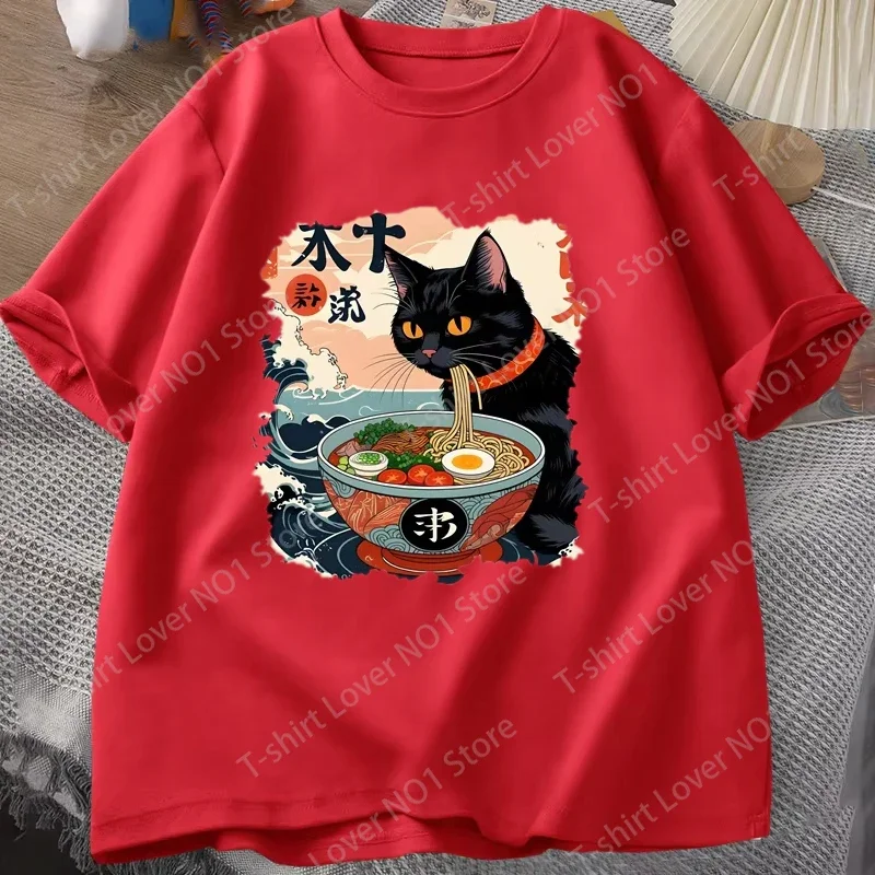 Kawaii Katzen-Anime-T-Shirt, Ramen Japanisches Lustiges Grafik-T-Shirt, Kawaii Nudel-Katzen-T-Shirt, Herren Kurzarm-T-Shirt, Harajuku Kleidung