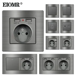 EIOMR France Standard Electrical Socket Grey Aluminum Alloy Panel Light Switch Rj45 Tv 220V 16A Wall Outlets for Home Appliance