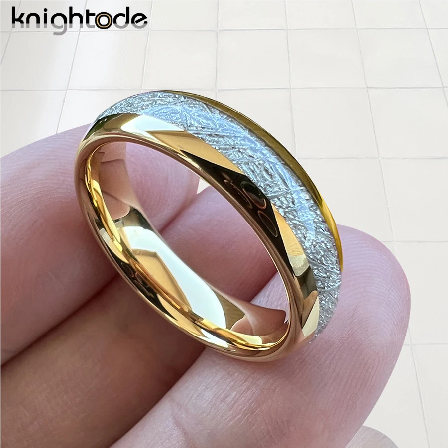 6mm Gold Color/Silvery Tungsten Carbide Rings White Meteorite Inlay Fashion Wedding Band Engagement Jewelry Dome Polished Finish