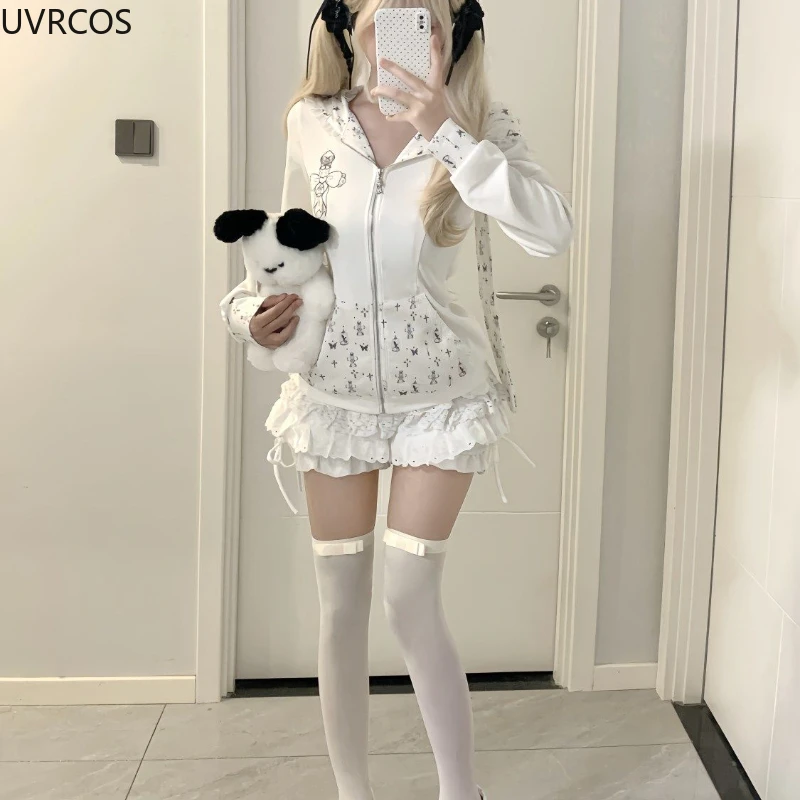 Y2k Aesthetic Lolita Style 2 Piece Set Women Kawaii Print Bunny Ear Hooded Sweatshirt Jacket Ruffle Mini Skirt Gothic Skirt Suit