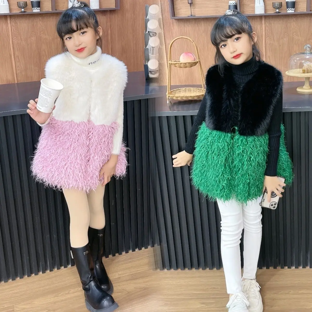 

new children's fur vest patchwork fur coat high-end super cute and stylish long large children's shoulder winter