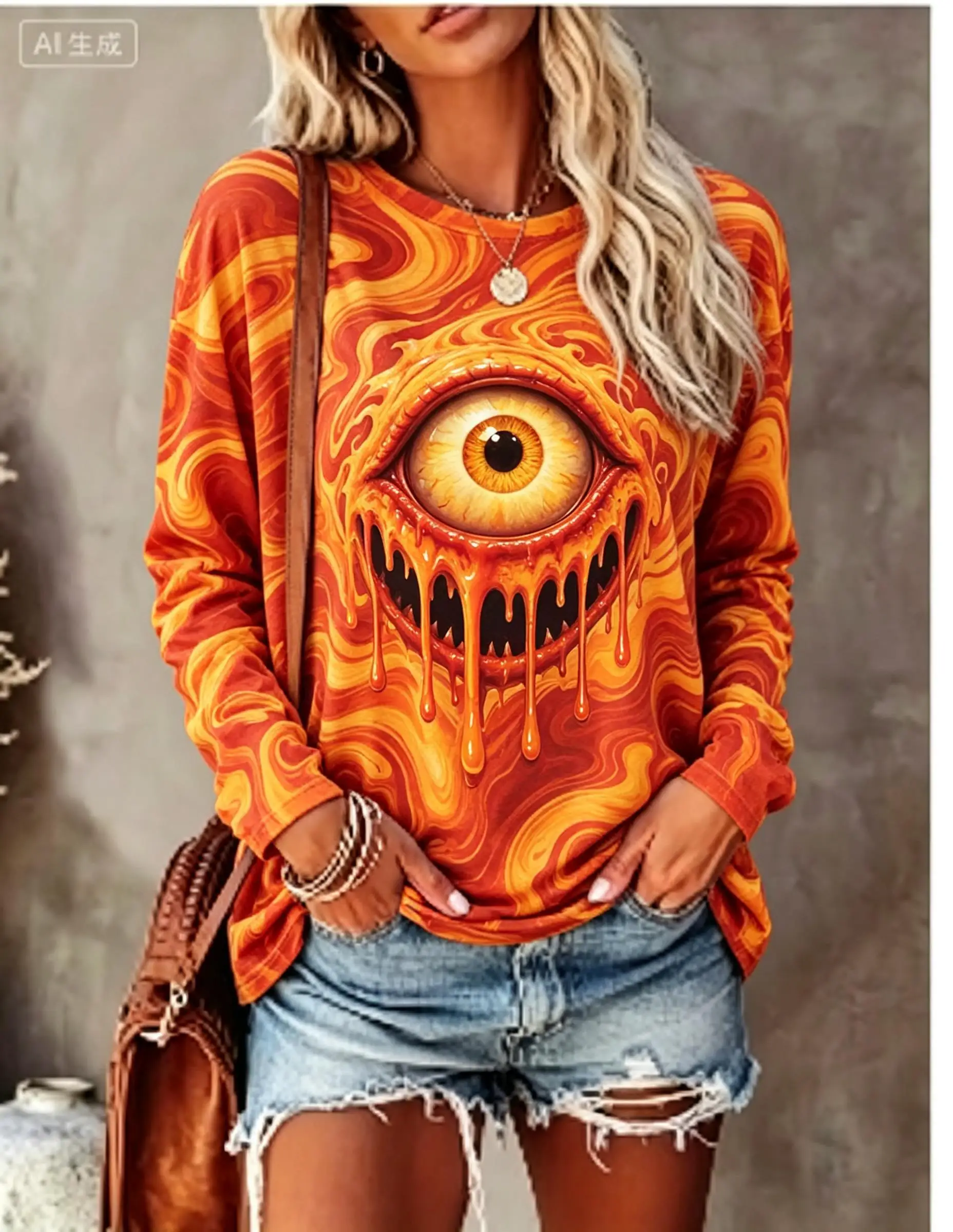 Women Psychedelic Long Sleeve T‑Shirt Third Eye Dripping Neon Swirl All‑Over Print Crew Neck Tops