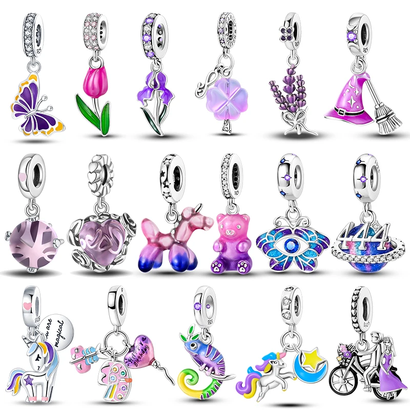 

925 Sterling Silver Purple Color Series Gradient Bear Butterfly Balloon Charms Beads Fit Pandora Original Bracelets DIY Jewelry