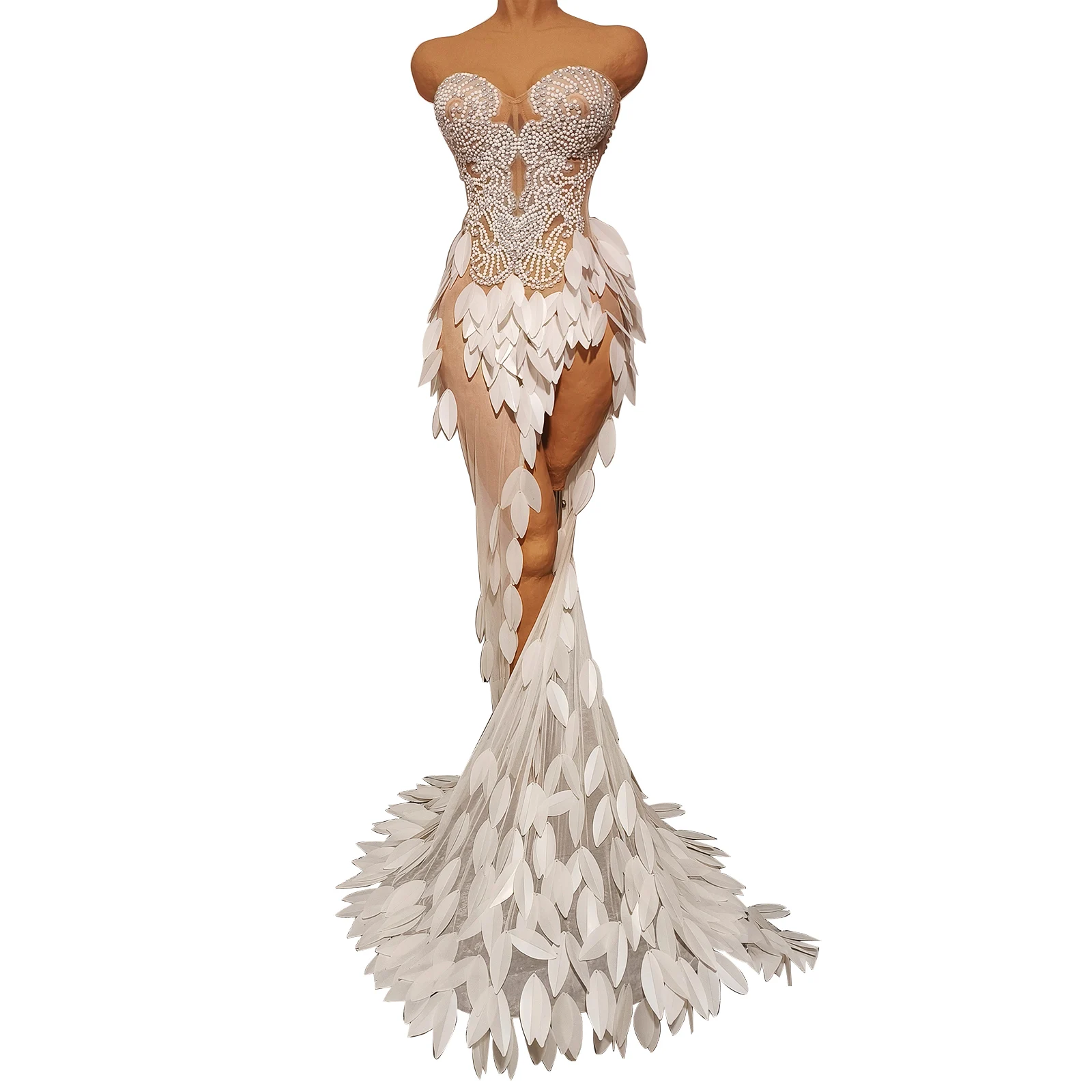 

New Sexy 3D Leaf Rhinestone Peal Mesh skirt High Split Evening Long Dress Party Wedding Gown Nightclub Stage Performance Wear