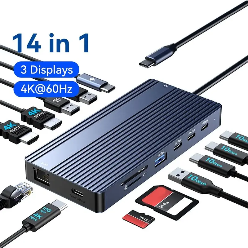 AT82-Ethernet Adapter 14 In 1 USB-C Docking Station 2 HD 1 USB-C/DP 1000Mbps Ethernet For Laptop