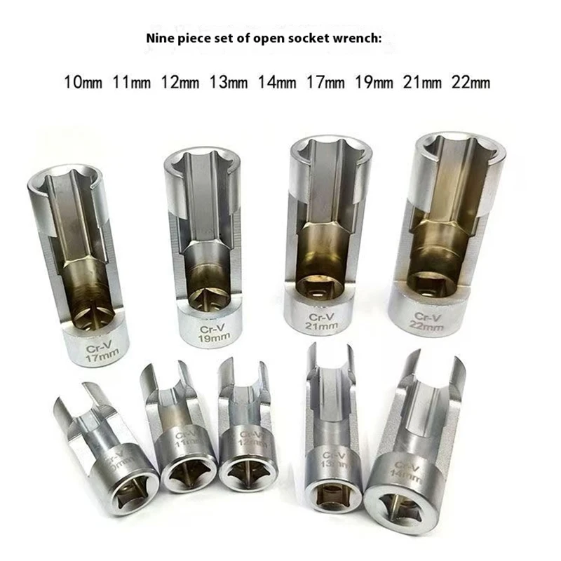 9PCS Oxygen Sensor Open Oil Pipe Disassembly Sleeve Slotted Wrench Flare Nut Socket Set Fuel Injection Hexagonal Repair Tool