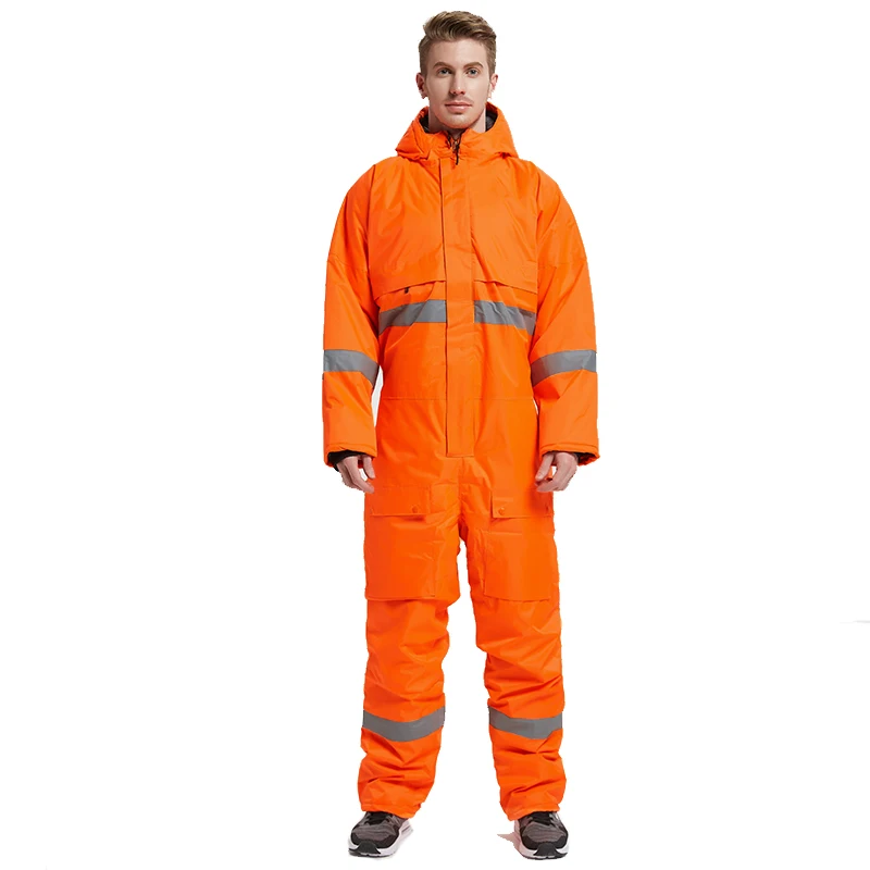 Winter Coveralls Men Waterproof Windproof Reflective Cotton Padded Hooded Coveralls Thicken Thermal Work Uniform Hi Vis Workwear