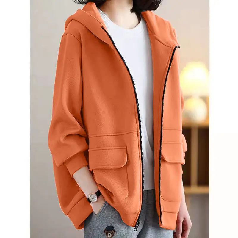 2023 spring women pure colour Hooded jacket female simple literary temperament casual Joker loose slim Korean coat Thin cardigan