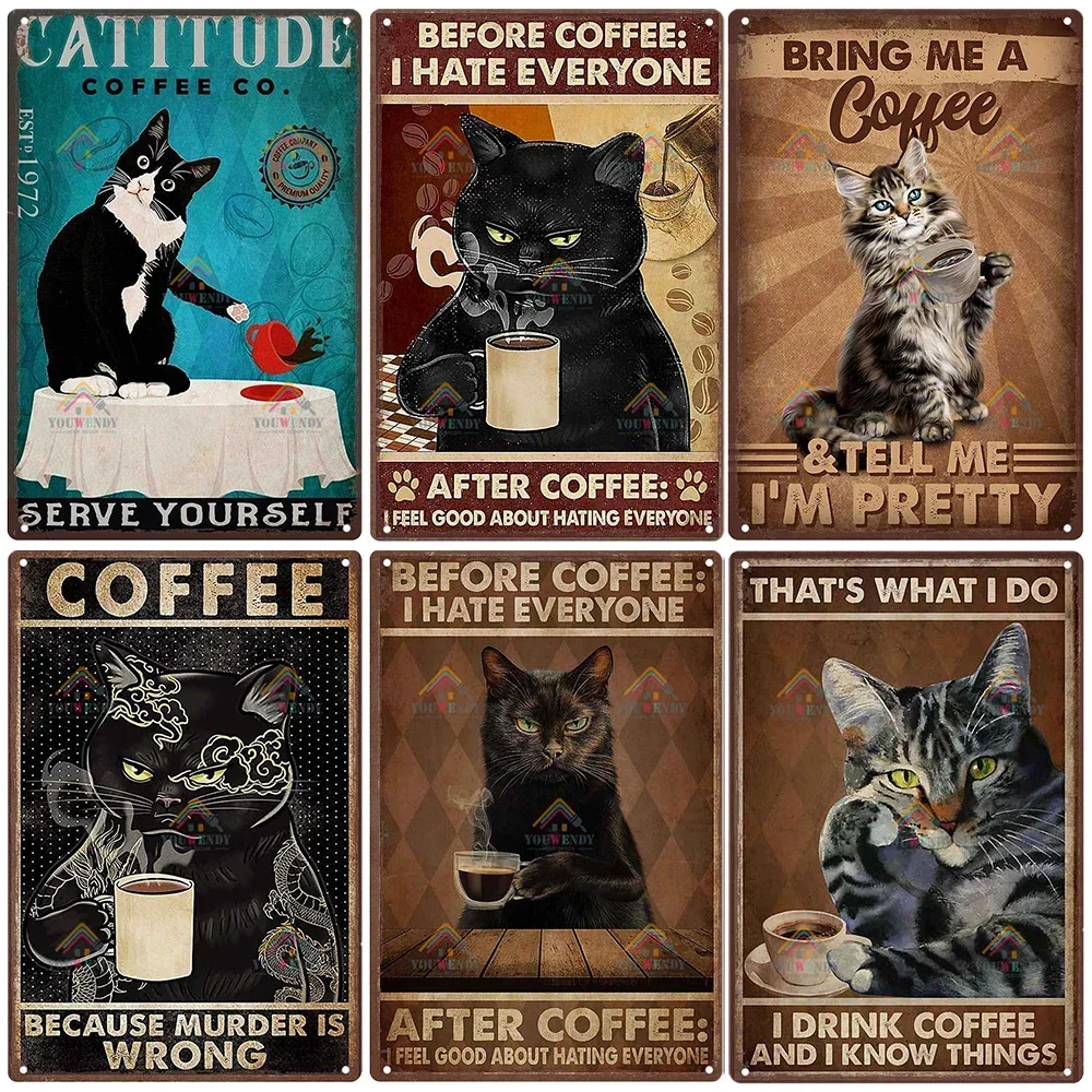 Retro Cat Coffee Metal Sign, Vintage Kitchen Signs, Funny 18 Signs, Home, Kitchen, Garden, Bar Decor, Art Poster, 7.8x11.8 in