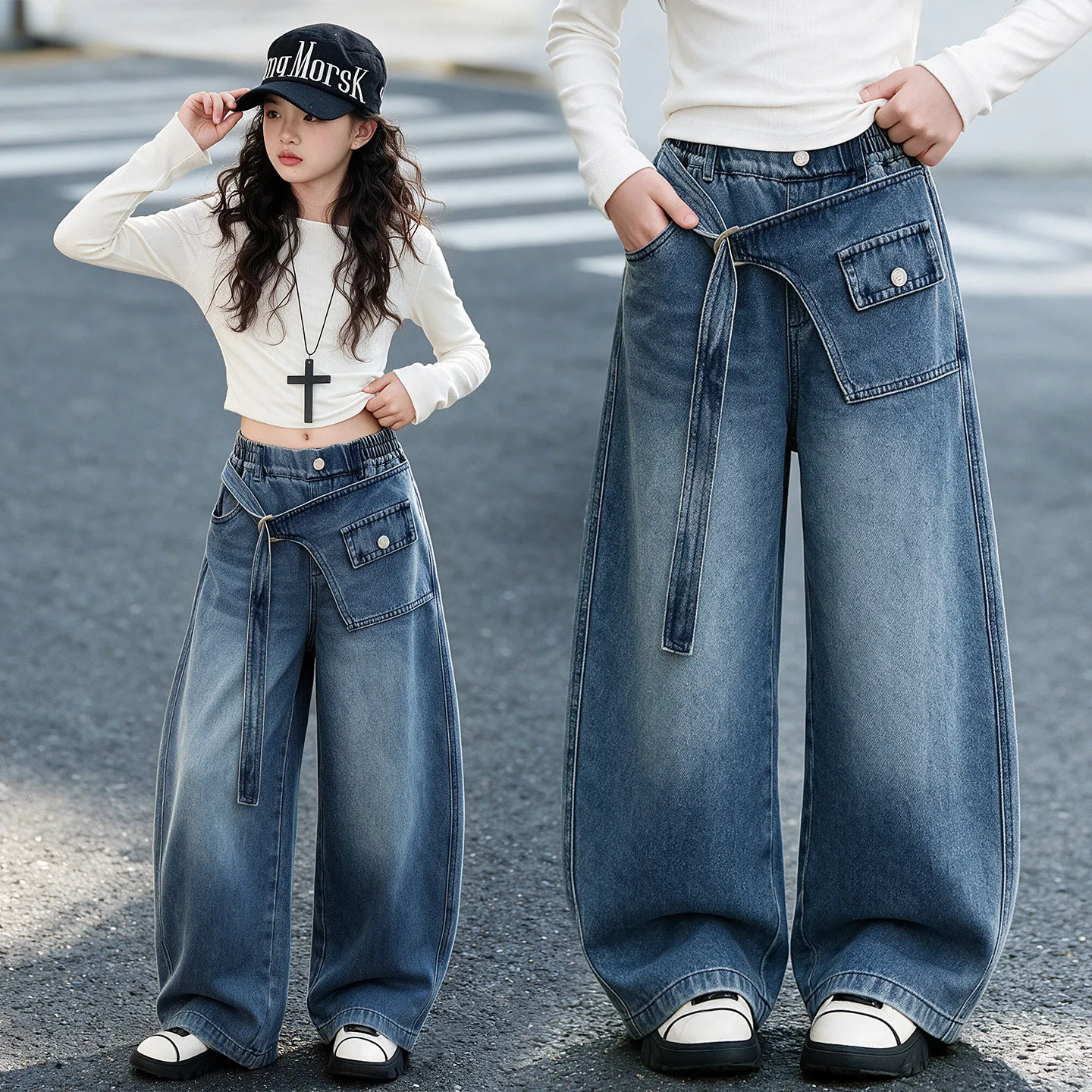 Girls Straight Leg Jeans Autumn New Children's Fashion Casual Sporty Wide Leg Denim Pants Children Loose Long Trousers with Belt