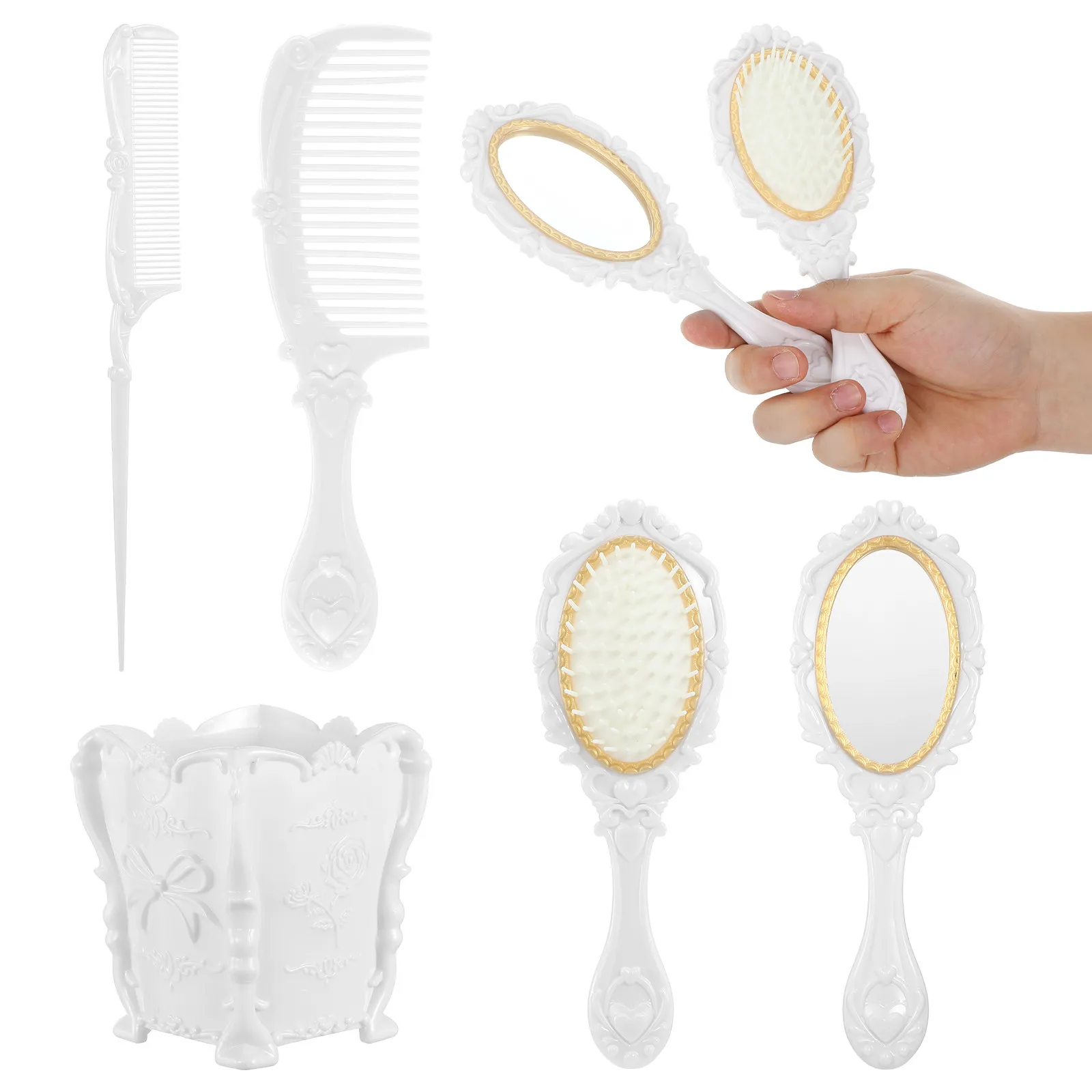 

Набор из 5 предметов: зеркало, расческа, распутыватель для волос, настольный органайзер, инструменты для ухода за волосами для дома, офиса, макияжа и туалетного столика